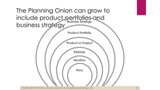 © 2006-2007 Jeff Patton, All rights reserved, www.agileproductdesign.com 15
Product or Project
Release
Iteration
Story
The Planning Onion can grow to
include product portfolios and
business strategy
Product Portfolio
Business Strategy
© 2006-2007 Jeff Patton, All rights reserved, www.agileproductdesign.com 15
 