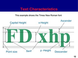 Text Characteristics
        This example shows the Times New Roman font

                                                 Ascender
   Capital Height            x-Height




FD xhp
Point size        Serif        p -Height
                                            Descender
                                                            12
 