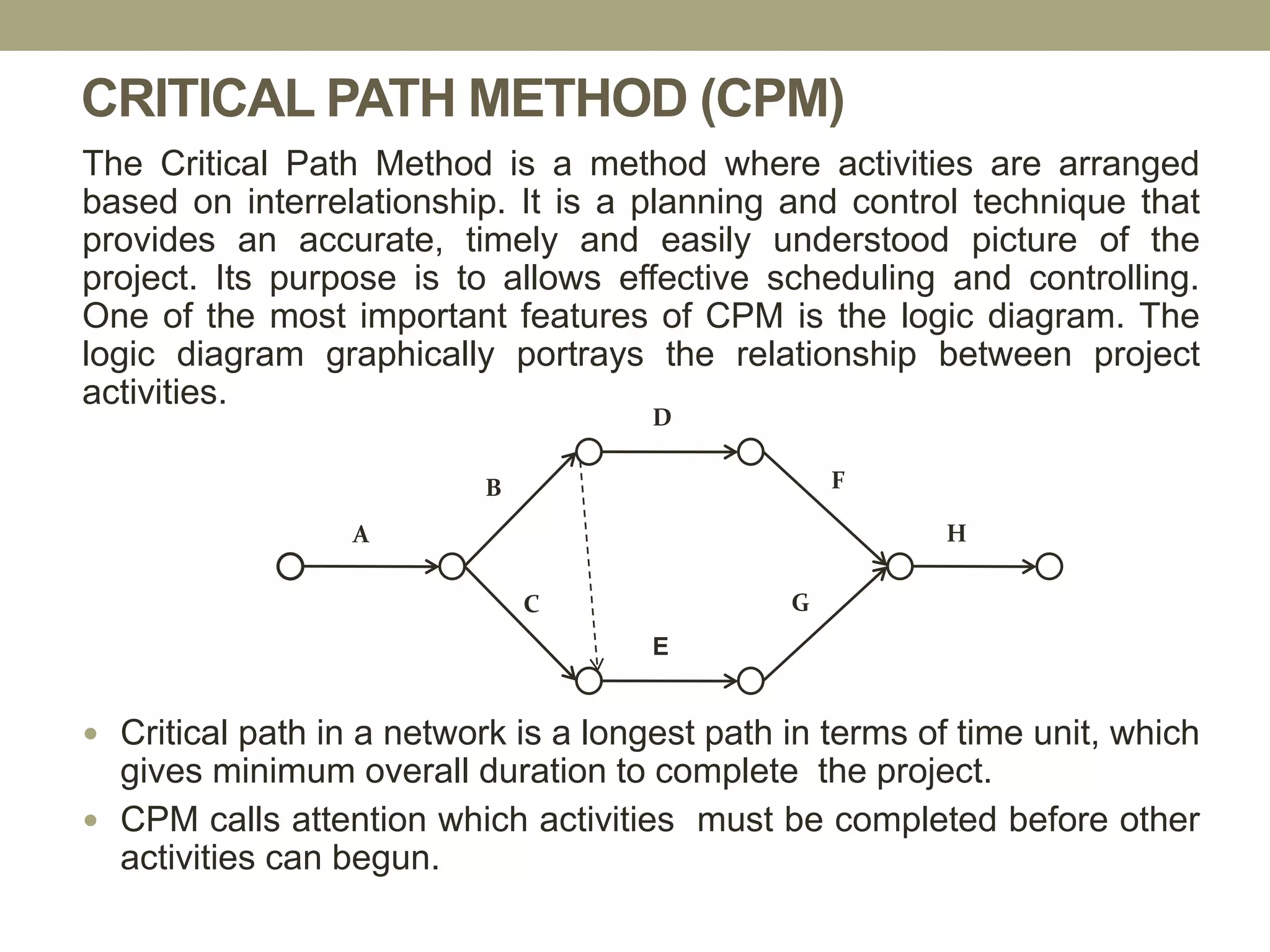 CRITICAL PATH METHOD (CPM)
The Critical Path Method is a method where activities are arranged
based on interrelationship. It is a planning and control technique that
provides an accurate, timely and easily understood picture of the
project. Its purpose is to allows effective scheduling and controlling.
One of the most important features of CPM is the logic diagram. The
logic diagram graphically portrays the relationship between project
activities.
 Critical path in a network is a longest path in terms of time unit, which
gives minimum overall duration to complete the project.
 CPM calls attention which activities must be completed before other
activities can begun.
A
B
D
F
G
E
C
H
 