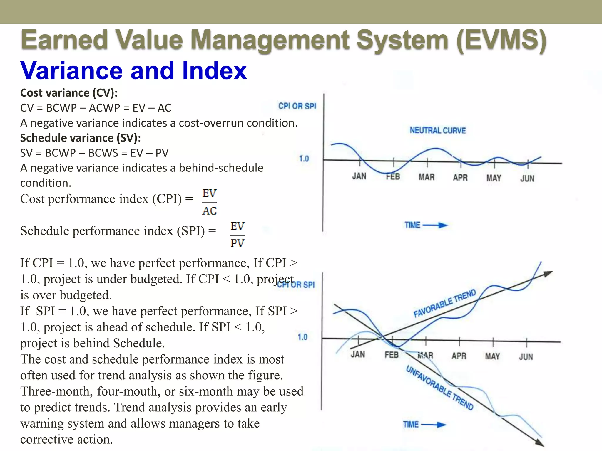 Cost variance (CV):
CV = BCWP – ACWP = EV – AC
A negative variance indicates a cost-overrun condition.
Schedule variance (SV):
SV = BCWP – BCWS = EV – PV
A negative variance indicates a behind-schedule
condition.
Cost performance index (CPI) =
Schedule performance index (SPI) =
If CPI = 1.0, we have perfect performance, If CPI >
1.0, project is under budgeted. If CPI < 1.0, project
is over budgeted.
If SPI = 1.0, we have perfect performance, If SPI >
1.0, project is ahead of schedule. If SPI < 1.0,
project is behind Schedule.
The cost and schedule performance index is most
often used for trend analysis as shown the figure.
Three-month, four-mouth, or six-month may be used
to predict trends. Trend analysis provides an early
warning system and allows managers to take
corrective action.
Variance and Index
Earned Value Management System (EVMS)
 