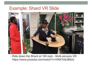 Example: Shard VR Slide
• Ride down the Shard at 100 mph - Multi-sensory VR
https://www.youtube.com/watch?v=HNXYoEdBtoU
 
