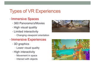 Types of VR Experiences
• Immersive Spaces
• 360 Panorama’s/Movies
• High visual quality
• Limited interactivity
• Changing viewpoint orientation
• Immersive Experiences
• 3D graphics
• Lower visual quality
• High interactivity
• Movement in space
• Interact with objects
 