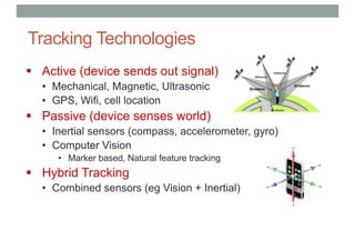 Tracking Technologies
§ Active (device sends out signal)
• Mechanical, Magnetic, Ultrasonic
• GPS, Wifi, cell location
§ Passive (device senses world)
• Inertial sensors (compass, accelerometer, gyro)
• Computer Vision
• Marker based, Natural feature tracking
§ Hybrid Tracking
• Combined sensors (eg Vision + Inertial)
 