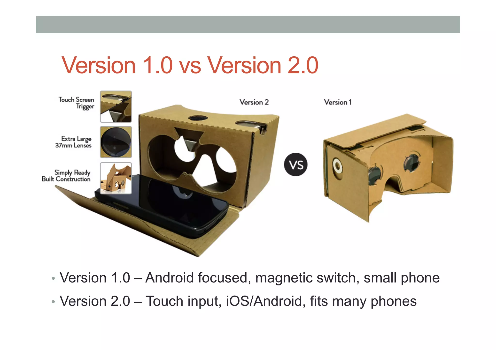Version 1.0 vs Version 2.0
•  Version 1.0 – Android focused, magnetic switch, small phone
•  Version 2.0 – Touch input, iOS/Android, fits many phones
 
