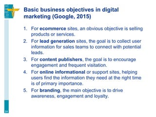 Basic business objectives in digital
marketing (Google, 2015)
1. For ecommerce sites, an obvious objective is selling
products or services.
2. For lead generation sites, the goal is to collect user
information for sales teams to connect with potential
leads.
3. For content publishers, the goal is to encourage
engagement and frequent visitation.
4. For online informational or support sites, helping
users find the information they need at the right time
is of primary importance.
5. For branding, the main objective is to drive
awareness, engagement and loyalty.
31
 