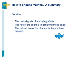 How to choose metrics? A summary
Consider:
• The overall goals of marketing efforts
• The role of the channel in achieving those goals
• The natural role of the channel in the purchase
process
36
 