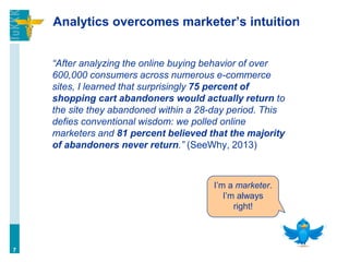 Analytics overcomes marketer’s intuition
“After analyzing the online buying behavior of over
600,000 consumers across numerous e-commerce
sites, I learned that surprisingly 75 percent of
shopping cart abandoners would actually return to
the site they abandoned within a 28-day period. This
defies conventional wisdom: we polled online
marketers and 81 percent believed that the majority
of abandoners never return.” (SeeWhy, 2013)
7
I’m a marketer.
I’m always
right!
 