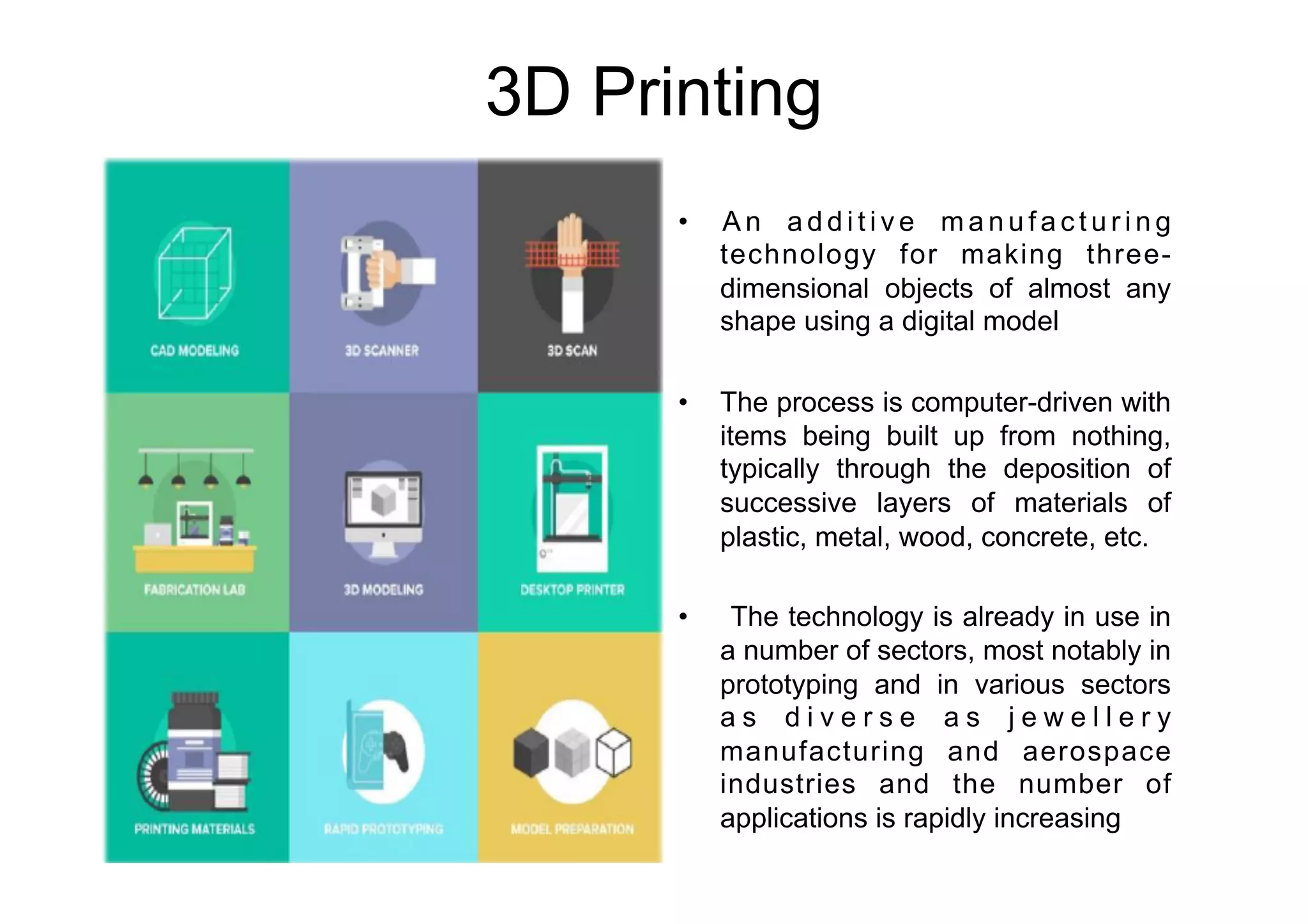 3D Printing
•  A n a d d i t i v e m a n u f a c t u r i n g
technology for making three-
dimensional objects of almost any
shape using a digital model
•  The process is computer-driven with
items being built up from nothing,
typically through the deposition of
successive layers of materials of
plastic, metal, wood, concrete, etc.
•  The technology is already in use in
a number of sectors, most notably in
prototyping and in various sectors
a s d i v e r s e a s j e w e l l e r y
manufacturing and aerospace
industries and the number of
applications is rapidly increasing
 
