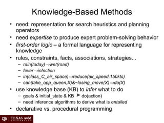 Knowledge-Based Methods
• need: representation for search heuristics and planning
operators
• need expertise to produce expert problem-solving behavior
• first-order logic – a formal language for representing
knowledge
• rules, constraints, facts, associations, strategies...
– rain(today)→wet(road)
– fever→infection
– in(class_C_air_space)→reduce(air_speed,150kts)
– can(take_opp_queen,X)&~losing_move(X)→do(X)
• use knowledge base (KB) to infer what to do
– goals & initial_state & KB do(action)
– need inference algorithms to derive what is entailed
• declarative vs. procedural programming
 