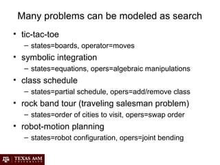 Many problems can be modeled as search
• tic-tac-toe
– states=boards, operator=moves
• symbolic integration
– states=equations, opers=algebraic manipulations
• class schedule
– states=partial schedule, opers=add/remove class
• rock band tour (traveling salesman problem)
– states=order of cities to visit, opers=swap order
• robot-motion planning
– states=robot configuration, opers=joint bending
 