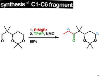 C1-C6 fragmentsynthesisof
O O O
1. EtMgBr
2. TPAP, NMO
69% O O O
C6
C1
14
 