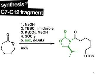 C7-C12 fragment
synthesisof
O
O
1. NaOH
2. TBSCl, imidazole
3. K2CO3, MeOH
4. SOCl2
5. aux, n-BuLi
46%
NO
O O
OTBS
15
 