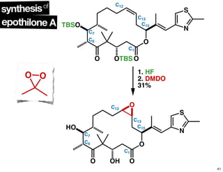 epothilone A
synthesisof
O OTBSO
O
N
S
TBSO
C12
C13
C7
C6
C1
C15
1. HF
2. DMDO
31%
O OH O
O
N
S
HO
C12
C13
C7
C6
C1
C15
O
OO
41
 