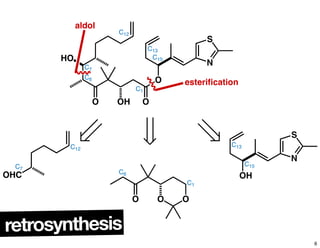 O OH O
O
N
S
HO
aldol
esterification
OHC
O O O
OH
N
S
C12
C13
C7
C6
C1
C15
C12
C13
C7
C6
C1
C15
retrosynthesis
6
 