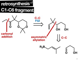 O O O
OH OH
R2B
O OH
carbonyl
addition
C–C
FGI
asymmetric
allylation
C–C
retrosynthesisof
C1-C6 fragment
7
 