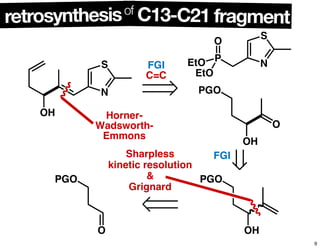 OH
N
S FGI
C=C
N
S
P
O
EtO
EtO
PGO
OH
O
PGO
OH
PGO
O
Horner-
Wadsworth-
Emmons
Sharpless
kinetic resolution
&
Grignard
FGI
C13-C21 fragmentretrosynthesisof
9
 