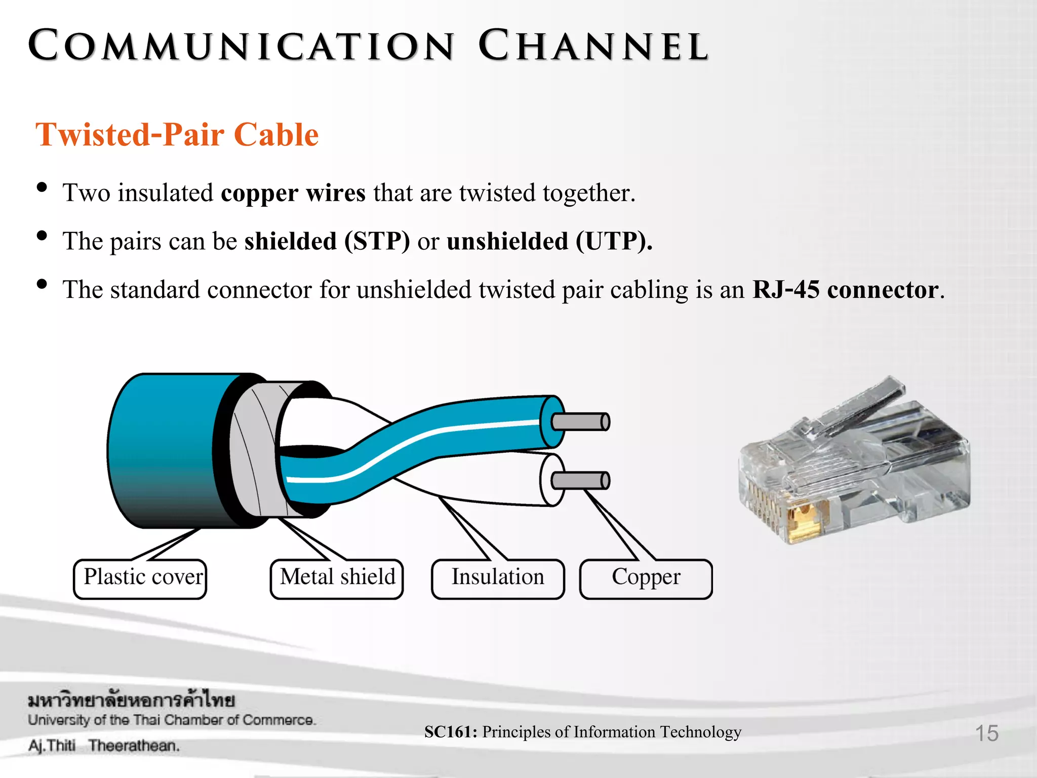 15SC161: Principlesof Information Technology
Twisted-Pair Cable
• Two insulated copper wires that are twisted together.
• The pairs can be shielded (STP) or unshielded (UTP).
• The standard connector for unshielded twisted pair cabling is an RJ-45 connector.
 