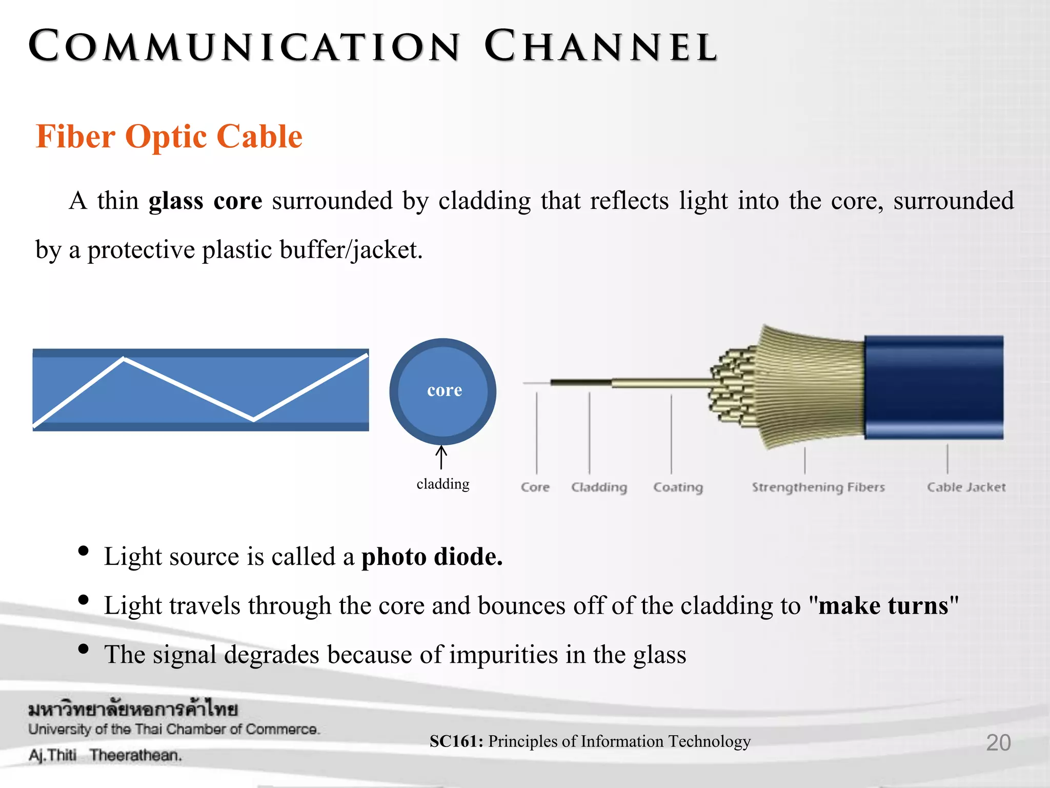 20SC161: Principlesof Information Technology
Fiber Optic Cable
A thin glass core surrounded by cladding that reflects light into the core, surrounded
by a protective plastic buffer/jacket.
• Light source is called a photo diode.
• Light travels through the core and bounces off of the cladding to "make turns"
• The signal degrades because of impurities in the glass
cladding
core
 