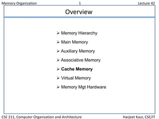 Memory Organization 1 Lecture 42
CSE 211, Computer Organization and Architecture Harjeet Kaur, CSE/IT
Overview
 Memory Hierarchy
 Main Memory
 Auxiliary Memory
 Associative Memory
 Cache Memory
 Virtual Memory
 Memory Mgt Hardware
 