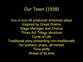 Our Town (1938) One of most  oft produced American plays Inspired by Greek Drama Stage Manager and Chorus Three Act Trilogy structure Cycle of Life Traditional story presenting non-traditionally No scenery, props, all mimed Time shifts Ahead of its time 