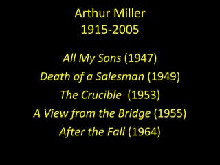 Arthur Miller 1915-2005 All My Sons  (1947) Death of a Salesman  (1949) The Crucible  (1953) A View from the Bridge  (1955) After the Fall  (1964) 