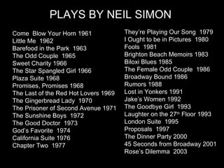 Come  Blow Your Horn 1961 Little Me  1962 Barefood in the Park  1963 The Odd Couple  1965 Sweet Charity 1966 The Star Spangled Girl 1966 Plaza Suite 1968 Promises, Promises 1968 The Last of the Red Hot Lovers 1969 The Gingerbread Lady  1970 The Prisoner of Second Avenue 1971 The Sunshine Boys  1972 The Good Doctor  1973 God’s Favorite  1974 California Suite 1976 Chapter Two  1977 They’re Playing Our Song  1979 I Ought to be in Pictures  1980 Fools  1981 Brighton Beach Memoirs 1983 Biloxi Blues 1985 The Female Odd Couple  1986 Broadway Bound 1986 Rumors 1988 Lost in Yonkers 1991 Jake’s Women 1992 The Goodbye Girl  1993 Laughter on the 27 th  Floor 1993 London Suite  1995 Proposals  1997 The Dinner Party 2000 45 Seconds from Broadway 2001 Rose’s Dilemma  2003 PLAYS BY NEIL SIMON 