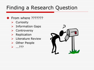 Finding a Research Question
 From where ???????
 Curiosity
 Information Gaps
 Controversy
 Replication
 Literature Review
 Other People
 ...???
 