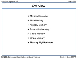 Memory Organization 1 Lecture 44
CSE 211, Computer Organization and Architecture Harjeet Kaur, CSE/IT
Overview
 Memory Hierarchy
 Main Memory
 Auxiliary Memory
 Associative Memory
 Cache Memory
 Virtual Memory
 Memory Mgt Hardware
 
