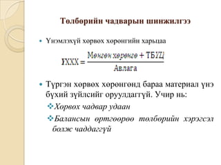 Төлбөрийн чадварын шинжилгээ


Үнэмлэхүй хөрвөх хөрөнгийн харьцаа



Түргэн хөрвөх хөрөнгөнд бараа материал үнэ
бүхий зүйлсийг оруулдаггүй. Учир нь:
Хөрвөх чадвар удаан
Балансын өртгөөрөө төлбөрийн хэрэгсэл
болж чаддаггүй

 