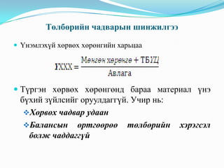Төлбөрийн чадварын шинжилгээ
 Үнэмлэхүй хөрвөх хөрөнгийн харьцаа

 Түргэн хөрвөх хөрөнгөнд бараа материал үнэ
бүхий зүйлсийг оруулдаггүй. Учир нь:
Хөрвөх чадвар удаан
Балансын

өртгөөрөө
болж чаддаггүй

төлбөрийн

хэрэгсэл

 