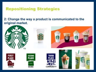 Repositioning Strategies
2: Change the way a product is communicated to the
original market.
 
