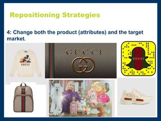 Repositioning Strategies
4: Change both the product (attributes) and the target
market.
 