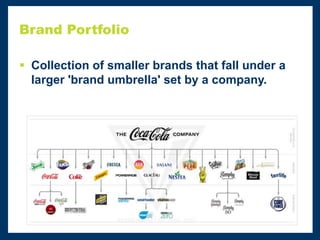 Brand Portfolio
 Collection of smaller brands that fall under a
larger 'brand umbrella' set by a company.
 