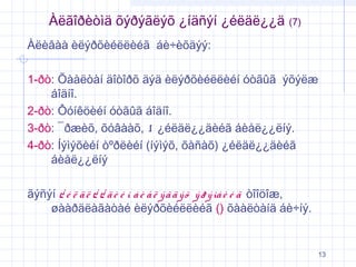 Àëãîðèòìä õýðýãëýõ ¿íäñýí ¿éëäë¿¿ä

(7)

Àëèâàà èëýðõèéëëèéã áè÷èõäýý:
1-ðò: Õààëòàí äîòîðõ äýä èëýðõèéëëèéí óòãûã ýõýëæ
áîäíî.
2-ðò: Ôóíêöèéí óòãûã áîäíî.
3-ðò: ¯ðæèõ, õóâààõ,  ¿éëäë¿¿äèéã áèåë¿¿ëíý.
4-ðò: Íýìýõèéí òºðëèéí (íýìýõ, õàñàõ) ¿éëäë¿¿äèéã
áèåë¿¿ëíý
ãýñýí ¿ é ë ä ë ¿ ¿ ä è é í á è å ë ý ã ä ý õ ý ð ý ìá è é ã òîîöîæ,
øààðäëàãàòàé èëýðõèéëëèéã () õààëòàíä áè÷íý.

13

 