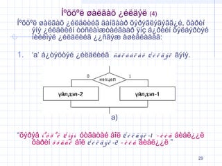 Íºõöºë øàëãàõ ¿éëäýë (4)

Íºõöºë øàëãàõ ¿éëäëèéã äàíãààð õýðýãëýäýãã¿é, õàðèí
ýíý ¿éëäëèéí òóñëàìæòàéãààð ÿíç á¿ðèéí õýëáýðòýé
íèéëìýë ¿éëäëèéã ¿¿ñãýæ àøèãëàäàã:

1. ‘a’ á¿òýöòýé ¿éëäëèéã ñà ë à à ë à õ ¿ é ë ä ý ë ãýíý.

a)
“õýðýâ íº õ ö º ë ¿ íý í óòãàòàé áîë ¿ é ë ä ý ë -1 – è é ã áèåë¿¿ë
õàðèí õ ó ä à ë áîë ¿ é ë ä ý ë -2 – è é ã áèåë¿¿ë ”
29

 