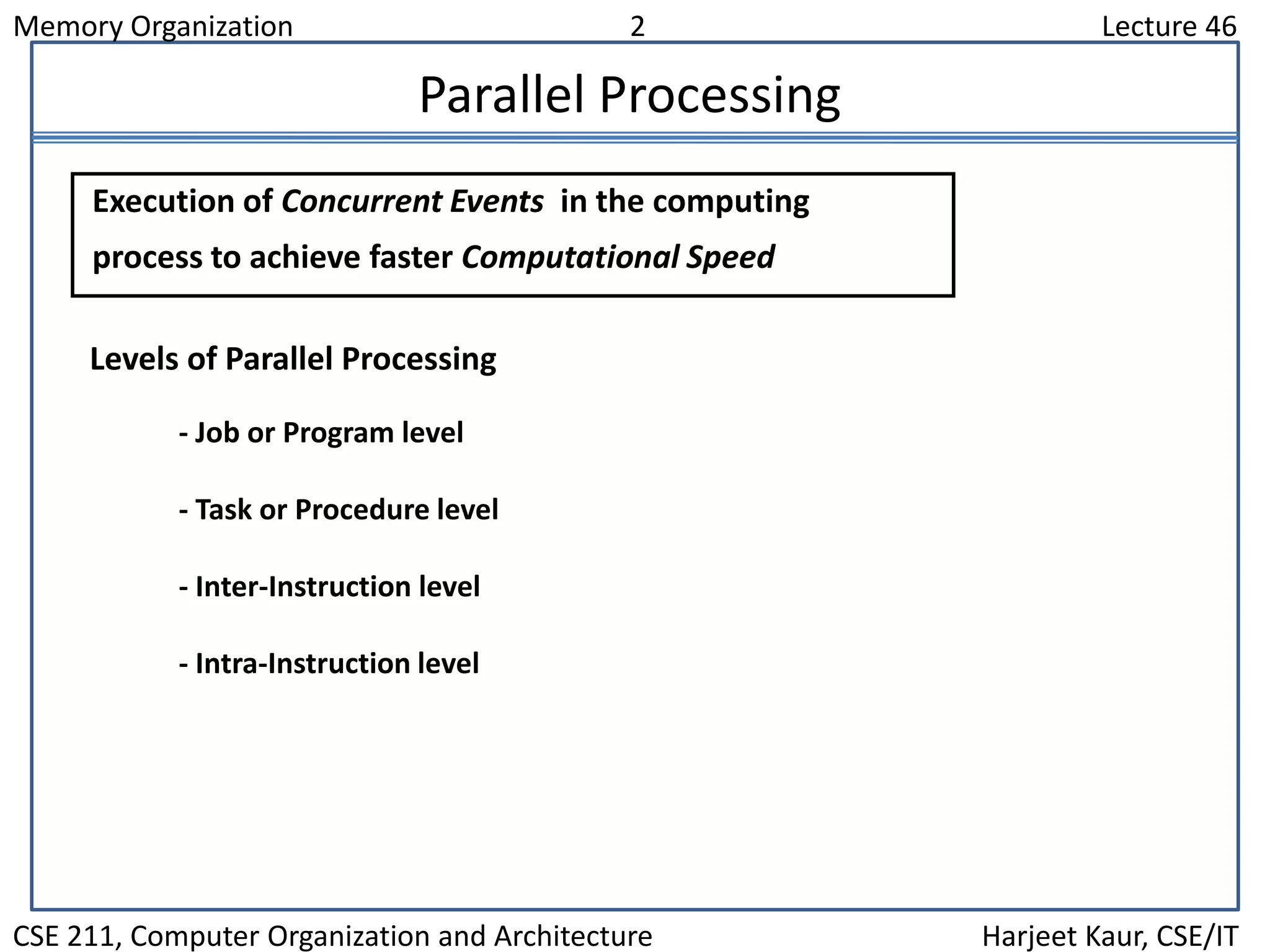 Memory Organization 2 Lecture 46
CSE 211, Computer Organization and Architecture Harjeet Kaur, CSE/IT
Parallel Processing
Levels of Parallel Processing
- Job or Program level
- Task or Procedure level
- Inter-Instruction level
- Intra-Instruction level
Execution of Concurrent Events in the computing
process to achieve faster Computational Speed
 