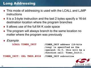15
Long Addressing
♦ This mode of addressing is used with the LCALL and LJMP
instructions
♦ It is a 3-byte instruction and the last 2 bytes specify a 16-bit
destination location where the program branches
♦ It allows use of the full 64 K code space
♦ The program will always branch to the same location no
matter where the program was previously
♦ Example:
LCALL TIMER_INIT ;TIMER_INIT address (16-bits
;long) is specified as the
;operand; In C, this will be a
;function call: Timer_Init().
TIMER_INIT: ORL TMOD,#01H ;TIMER_INIT subroutine
 