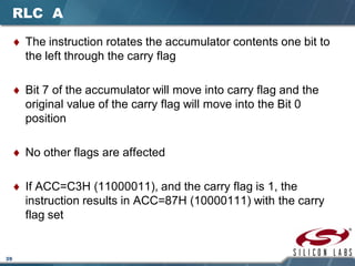 39
RLC A
♦ The instruction rotates the accumulator contents one bit to
the left through the carry flag
♦ Bit 7 of the accumulator will move into carry flag and the
original value of the carry flag will move into the Bit 0
position
♦ No other flags are affected
♦ If ACC=C3H (11000011), and the carry flag is 1, the
instruction results in ACC=87H (10000111) with the carry
flag set
 