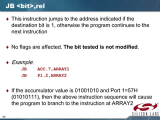 63
JB <bit>,rel
♦ This instruction jumps to the address indicated if the
destination bit is 1, otherwise the program continues to the
next instruction
♦ No flags are affected. The bit tested is not modified.
♦ Example:
JB ACC.7,ARRAY1
JB P1.2,ARRAY2
♦ If the accumulator value is 01001010 and Port 1=57H
(01010111), then the above instruction sequence will cause
the program to branch to the instruction at ARRAY2
 