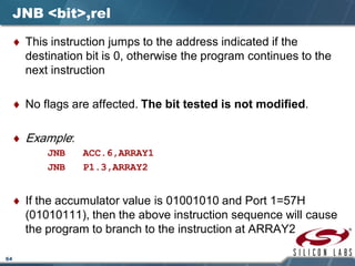 64
JNB <bit>,rel
♦ This instruction jumps to the address indicated if the
destination bit is 0, otherwise the program continues to the
next instruction
♦ No flags are affected. The bit tested is not modified.
♦ Example:
JNB ACC.6,ARRAY1
JNB P1.3,ARRAY2
♦ If the accumulator value is 01001010 and Port 1=57H
(01010111), then the above instruction sequence will cause
the program to branch to the instruction at ARRAY2
 