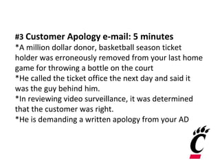 #3 Customer Apology e-mail: 5 minutes
*A million dollar donor, basketball season ticket
holder was erroneously removed from your last home
game for throwing a bottle on the court
*He called the ticket office the next day and said it
was the guy behind him.
*In reviewing video surveillance, it was determined
that the customer was right.
*He is demanding a written apology from your AD
 