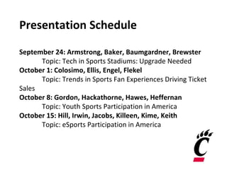 Presentation Schedule
September 24: Armstrong, Baker, Baumgardner, Brewster
Topic: Tech in Sports Stadiums: Upgrade Needed
October 1: Colosimo, Ellis, Engel, Flekel
Topic: Trends in Sports Fan Experiences Driving Ticket
Sales
October 8: Gordon, Hackathorne, Hawes, Heffernan
Topic: Youth Sports Participation in America
October 15: Hill, Irwin, Jacobs, Killeen, Kime, Keith
Topic: eSports Participation in America
 