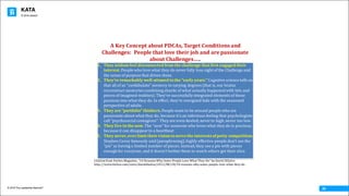 KATA
© 2016 The Leadership Network®
© 2016 Jidoka®
20
1. They	seldom	feel	disconnected	from	the	challenge	that	first	engaged	their	
interest.	People	who	love	what	they	do	never	fully	lose	sight	of	the	Challenge	and	
the	sense	of	purpose	that	drives	them.
2. They’re	remarkably	well-attuned	to	the	“early	years.”	Cognitive	science	tells	us	
that	all	of	us	”confabulate”	memory	to	varying	degrees	(that	is,	our	brains	
reconstruct	memories	combining	shards	of	what	actually	happened	with	bits	and	
pieces	of	imagined	realities).	They’ve	successfully	integrated	elements	of	those	
passions	into	what	they	do.	In	effect,	they’re	energized	kids	with	the	seasoned	
perspective	of	adults.
3. They	are	“portfolio”	thinkers. People	want	to	be	around	people	who	are	
passionate	about	what	they	do,	because	it’s	an	infectious	feeling	that	psychologists	
call	“psychosocial	contagions”.	They	are	even-keeled;	never	to	high,	never	too	low.
4. They	live	in	the	now. The	“now”	for	someone	who	loves	what	they	do	is	precious,	
because	it	can	disappear	in	a	heartbeat
5. They	never,	ever	limit	their	vision	to	serve	the	interests	of	petty	competition.
Stephen	Covey	famously	said	(paraphrasing),	highly	effective	people	don’t	see	the	
“pie”	as	having	a	limited	number	of	pieces.	Instead,	they	see	a	pie	with	pieces	
enough	for	everyone,	and	it	doesn’t	bother	them	to	watch	others	get	their	slice.
A	Key	Concept	about	PDCAs,	Target	Conditions	and	
Challenges:		People	that	love	their	job	and	are	passionate	
about	Challenges…..
Citation	from	Forbes	Magazine,	“10	Reasons	Why	Some	People	Love	What	They	Do”	by	David	DiSalvo
http://www.forbes.com/sites/daviddisalvo/2012/08/28/10-reasons-why-some-people-love-what-they-do
 
