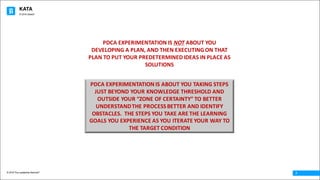 KATA
© 2016 The Leadership Network®
© 2016 Jidoka®
7
PDCA	EXPERIMENTATION	IS	NOT ABOUT	YOU	
DEVELOPING	A	PLAN,	AND	THEN	EXECUTING	ON	THAT	
PLAN	TO	PUT	YOUR	PREDETERMINED	IDEAS	IN	PLACE	AS	
SOLUTIONS
PDCA	EXPERIMENTATION	IS	ABOUT	YOU	TAKING	STEPS	
JUST	BEYOND	YOUR	KNOWLEDGE	THRESHOLD	AND	
OUTSIDE	YOUR	“ZONE	OF	CERTAINTY”	TO	BETTER	
UNDERSTAND	THE	PROCESS	BETTER	AND	IDENTIFY	
OBSTACLES.		THE	STEPS	YOU	TAKE	ARE	THE	LEARNING	
GOALS	YOU	EXPERIENCE	AS	YOU	ITERATE	YOUR	WAY	TO	
THE	TARGET	CONDITION		
 