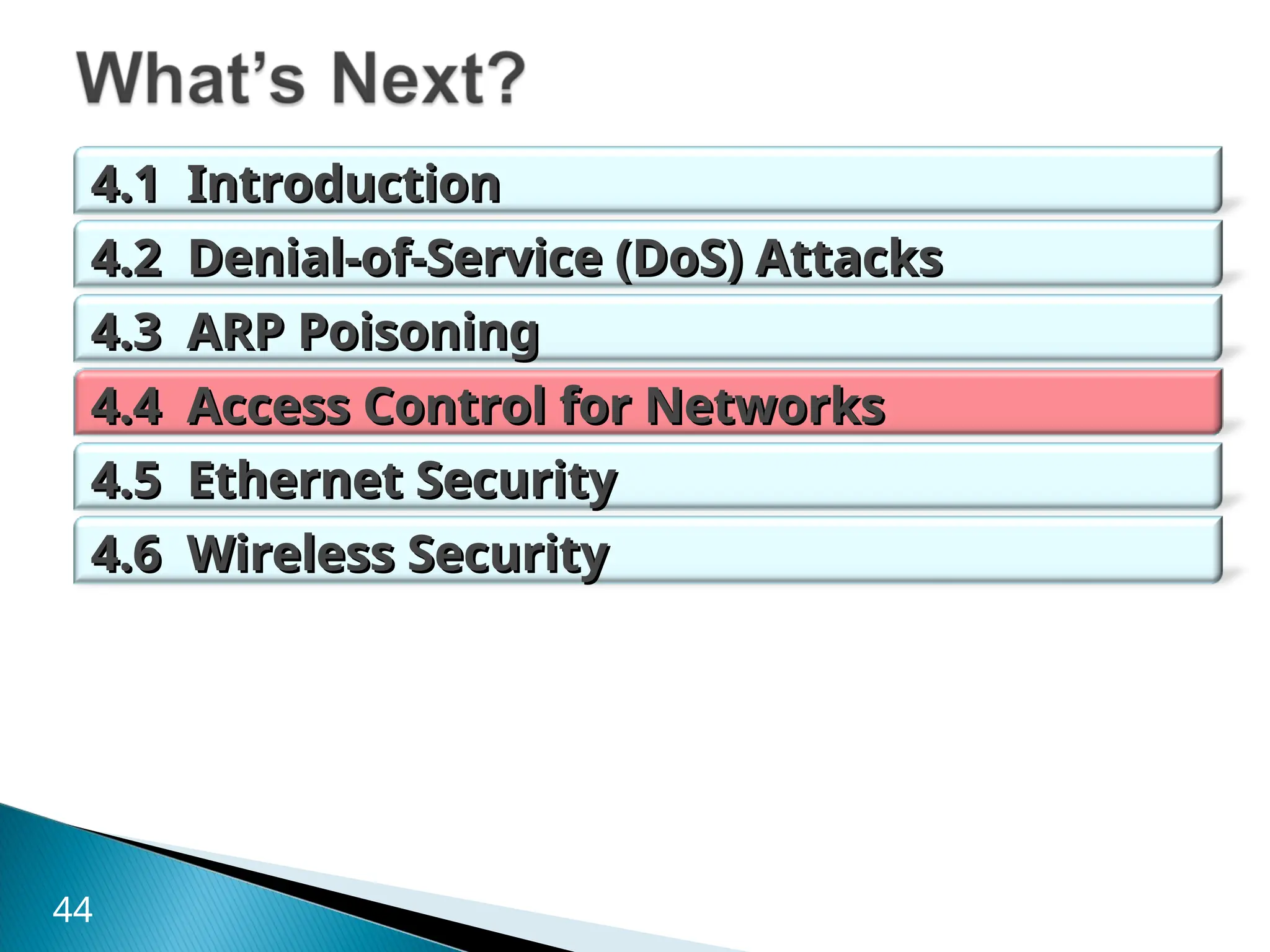 4.1 Introduction
4.1 Introduction
4.2 Denial-of-Service (DoS) Attacks
4.2 Denial-of-Service (DoS) Attacks
4.3 ARP Poisoning
4.3 ARP Poisoning
4.4 Access Control for Networks
4.4 Access Control for Networks
4.5 Ethernet Security
4.5 Ethernet Security
4.6 Wireless Security
4.6 Wireless Security
44
 