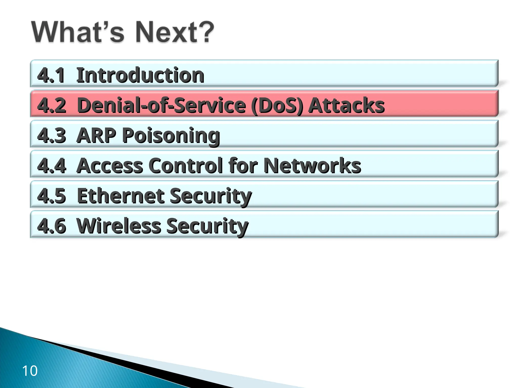 4.1 Introduction
4.1 Introduction
4.2 Denial-of-Service (DoS) Attacks
4.2 Denial-of-Service (DoS) Attacks
4.3 ARP Poisoning
4.3 ARP Poisoning
4.4 Access Control for Networks
4.4 Access Control for Networks
4.5 Ethernet Security
4.5 Ethernet Security
4.6 Wireless Security
4.6 Wireless Security
10
 