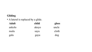Gliding
• A lateral is replaced by a glide.
Adult child gloss
ankolo akoyo uncle
nsalu sayu cloth
galu gayu dog
 