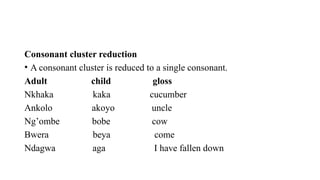 Consonant cluster reduction
• A consonant cluster is reduced to a single consonant.
Adult child gloss
Nkhaka kaka cucumber
Ankolo akoyo uncle
Ng’ombe bobe cow
Bwera beya come
Ndagwa aga I have fallen down
 