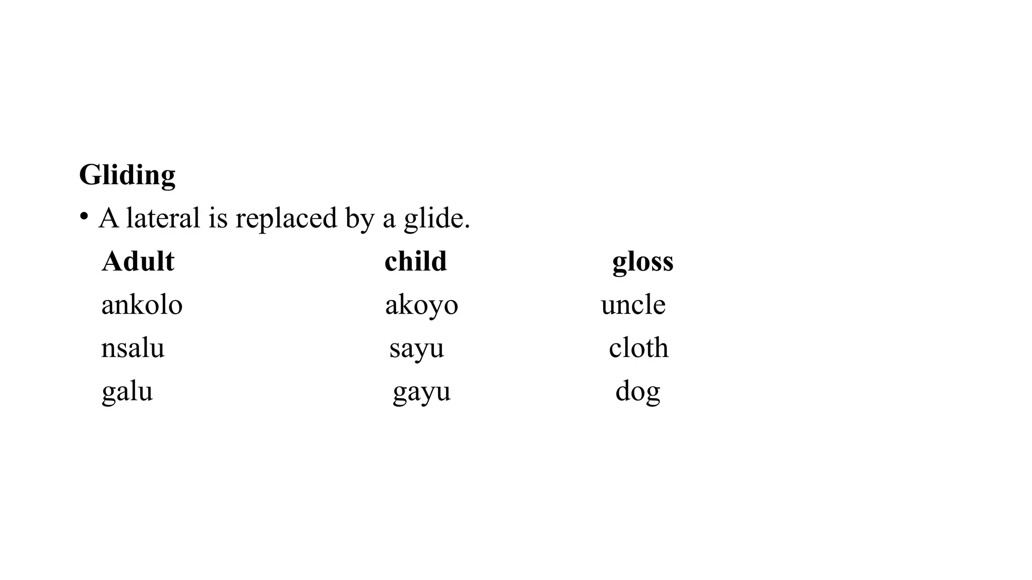 Gliding
• A lateral is replaced by a glide.
Adult child gloss
ankolo akoyo uncle
nsalu sayu cloth
galu gayu dog
 