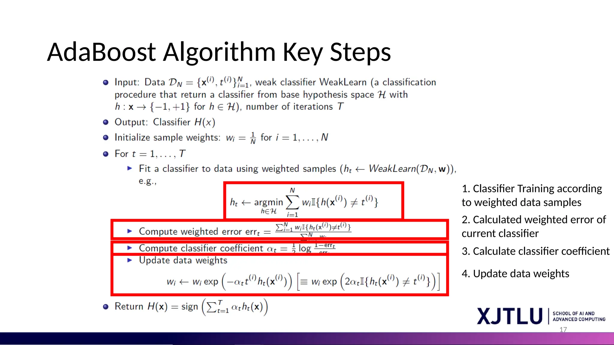 17
AdaBoost Algorithm Key Steps
1. Classifier Training according
to weighted data samples
2. Calculated weighted error of
current classifier
3. Calculate classifier coefficient
4. Update data weights
 